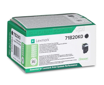 Oryginalny toner Lexmark 71B20K0 do drukarek Lexmark CS317, Lexmark CS317dn, Lexmark CS417, Lexmark CS417dn, Lexmark CS517, Lexmark CS517de, Lexmark CX317, Lexmark CX317dn, Lexmark CX417, Lexmark CX417de, Lexmark CX517, Lexmark CX517de. Toner zwrotny czarny o kodzie: 71B20K0. Wydajność wynosi 3000 stron zgodnie z normą ISO/IEC 19798.