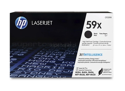 Toner oryginalny HP CF259X (HP 59X) do drukarki HP LaserJet Pro M304a, HP LaserJet Pro M404n M404dn M404dw, HP LaserJet Pro M428fdn M428fdw MFP, HP LaserJet Enterprise M406dn, HP LaserJet Enterprise M430f MFP. Wydajność tonera wynosi 10000 stron zgodnie z normą ISO/IEC 19752.