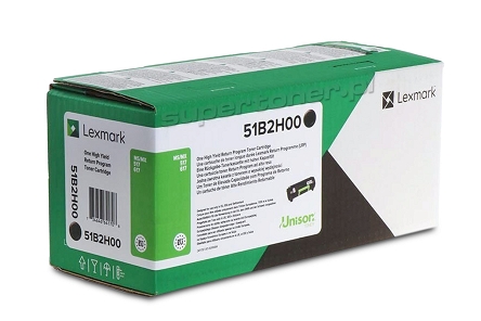 Oryginalny toner zwrotny Lexmark MS417, Lexmark MS417dn, Lexmark MS517, Lexmark MS517dn, Lexmark MS617, Lexmark MS617dn, Lexmark MX417, Lexmark MX417de, Lexmark MX517, Lexmark MX517de, Lexmark MX617, Lexmark MX617de (51B2H00). Wydajność tonera 8500 stron wg normy ISO/IEC 19752.