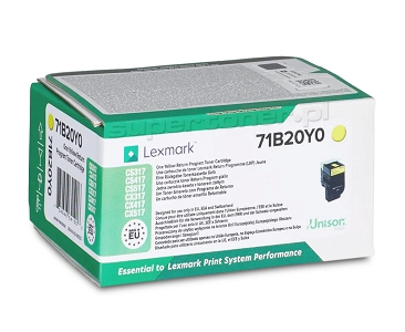 Oryginalny toner Lexmark 71B20Y0 do drukarek Lexmark CS317, Lexmark CS317dn, Lexmark CS417, Lexmark CS417dn, Lexmark CS517, Lexmark CS517de, Lexmark CX317, Lexmark CX317dn, Lexmark CX417, Lexmark CX417de, Lexmark CX517, Lexmark CX517de. Toner zwrotny żółty o kodzie: 71B20Y0. Wydajność wynosi 2300 stron zgodnie z normą ISO/IEC 19798.